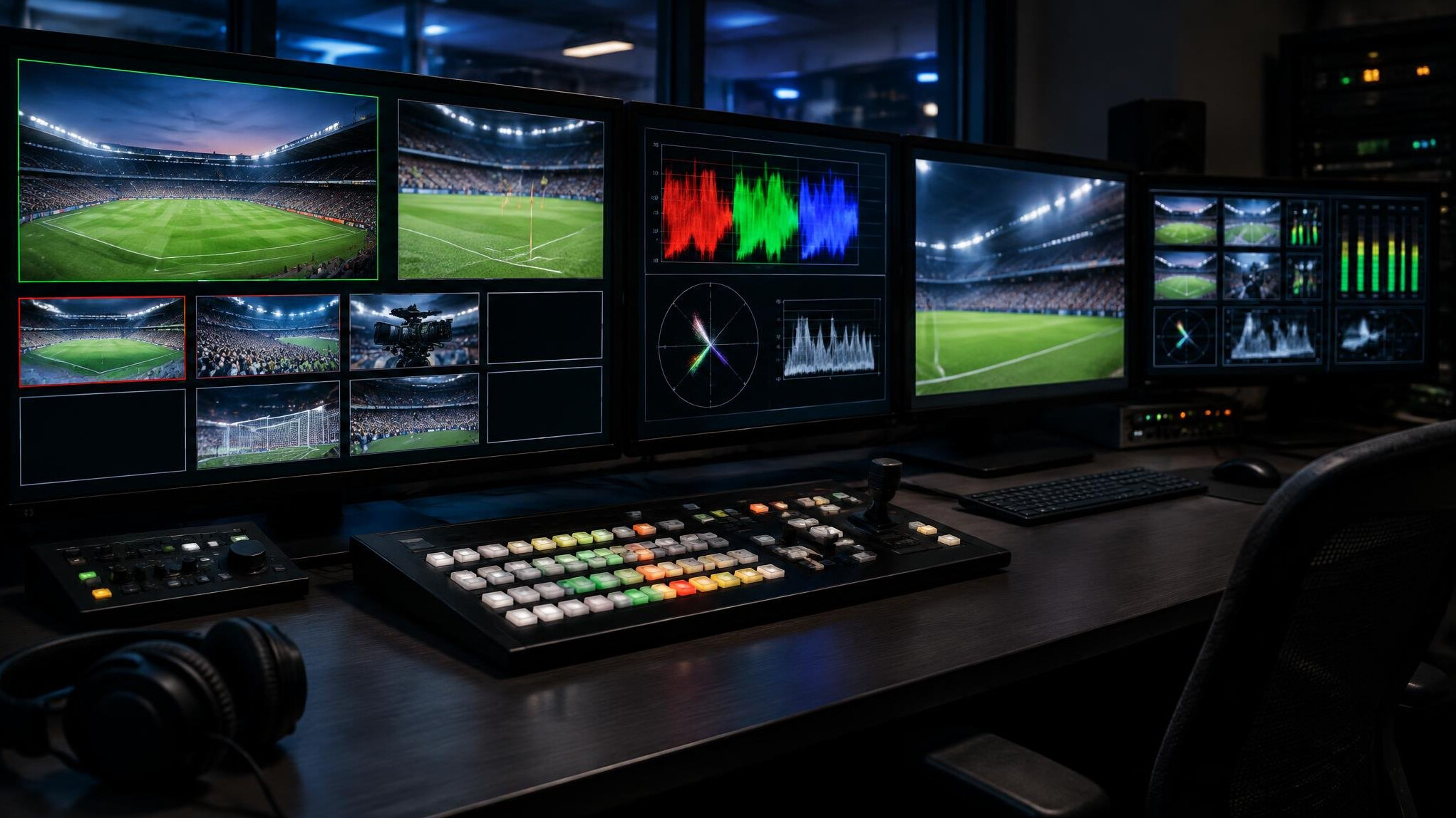 Video editing and signal monitoring workstation with multiple screens